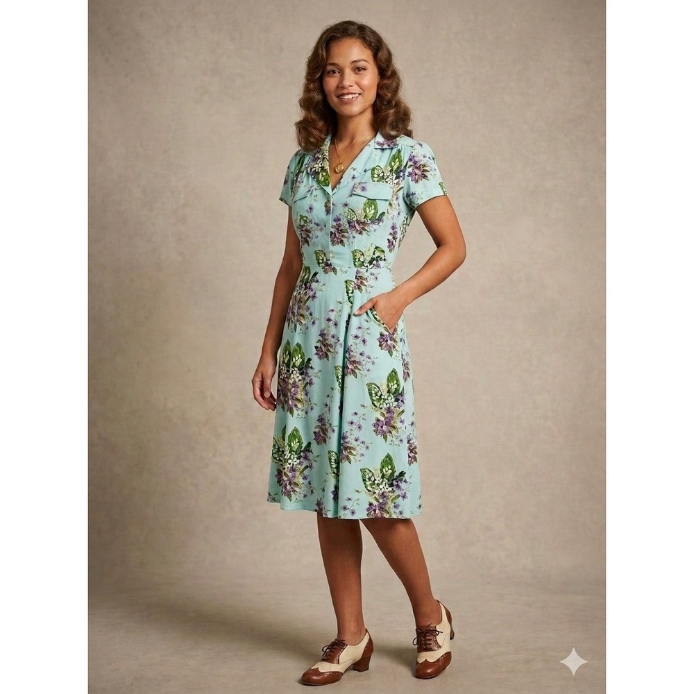 Retrospecd Evita Lily‎ of the Valley Dress 1940s Shirt Dress Blue Floral Size 2